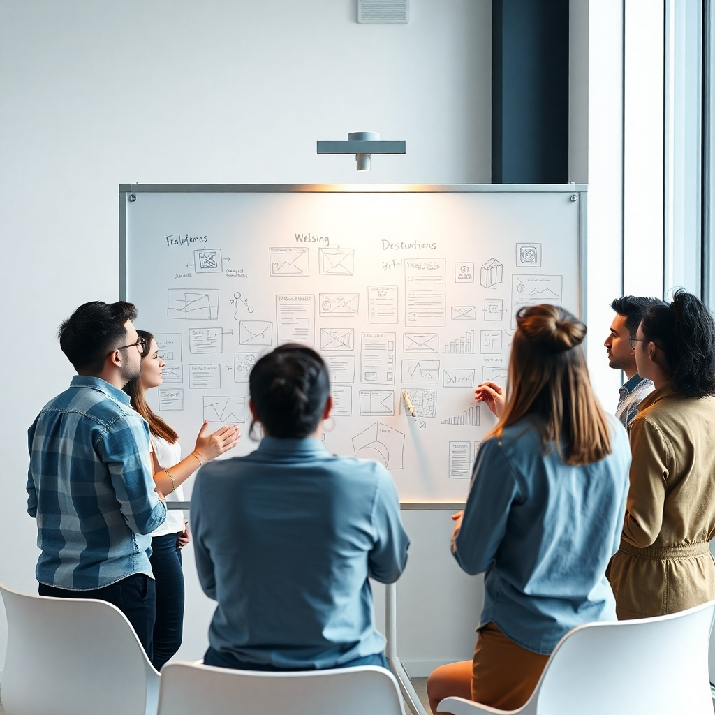 A photorealistic image of a team brainstorming around a whiteboard filled with sketches, wireframes, and website mockups. The atmosphere should be collaborative and energetic, with diverse team members actively participating. The whiteboard should be centrally located, well-lit, and clearly visible. The background should be a modern, minimalist office space.