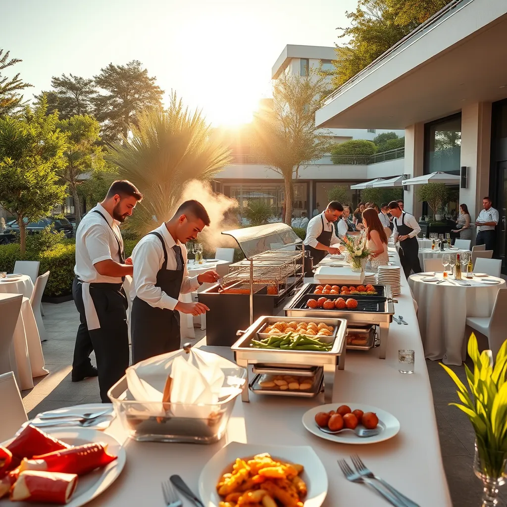 A photorealistic image of a team of catering staff setting up a BBQ buffet in an upscale outdoor event space.  The scene should be bustling with activity, with staff preparing food, arranging dishes, and setting up tables.  The lighting is natural and warm, with the sun casting long shadows across the space. The composition should focus on the catering staff in action, with a backdrop of the lush greenery and modern architecture of the event space.  The scene should evoke a sense of professionalism and efficiency, with a focus on the detail and care taken in setting up the buffet.  The image should be highly detailed, capturing the textures of the tablecloths, the shine of the silverware, and the vibrant colors of the food. The camera angle should be eye level, giving a sense of being present at the event. The style should be modern and sophisticated, with a focus on the elegance of the event space and the professionalism of the catering team.