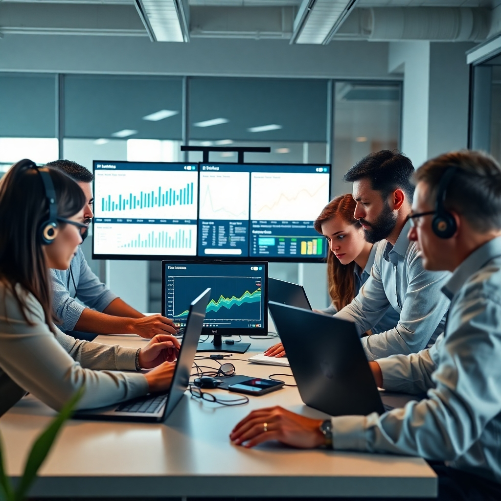 A photorealistic image showing a team gathered around laptops and monitors, carefully reviewing website performance data. The atmosphere should be serious and focused, suggesting meticulous quality control. Graphs and charts should be visible on the monitors, indicating success in various performance metrics. The overall setting is a bright and professional office environment.
