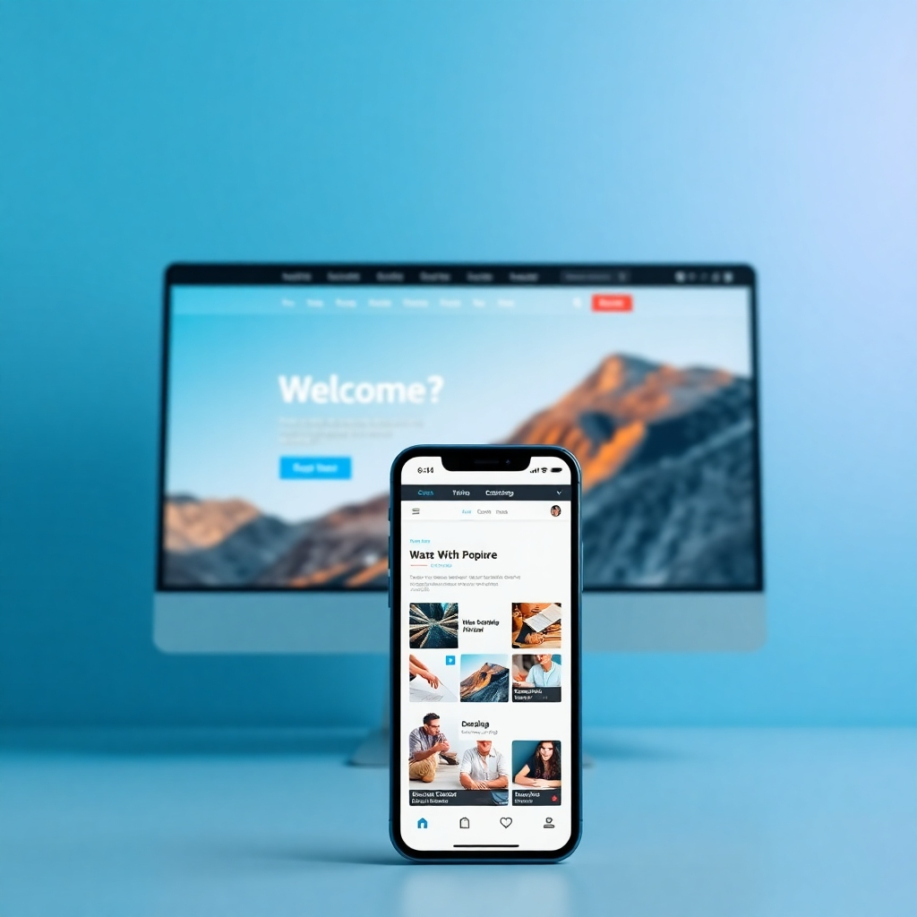 A photorealistic split-screen image showcasing the same website viewed on a large desktop monitor and a small smartphone. Both views should show perfect scaling and layout adaptability, with all content clearly visible and easy to navigate on both devices. Highlighting the seamless transition and consistent user experience across different screen sizes.