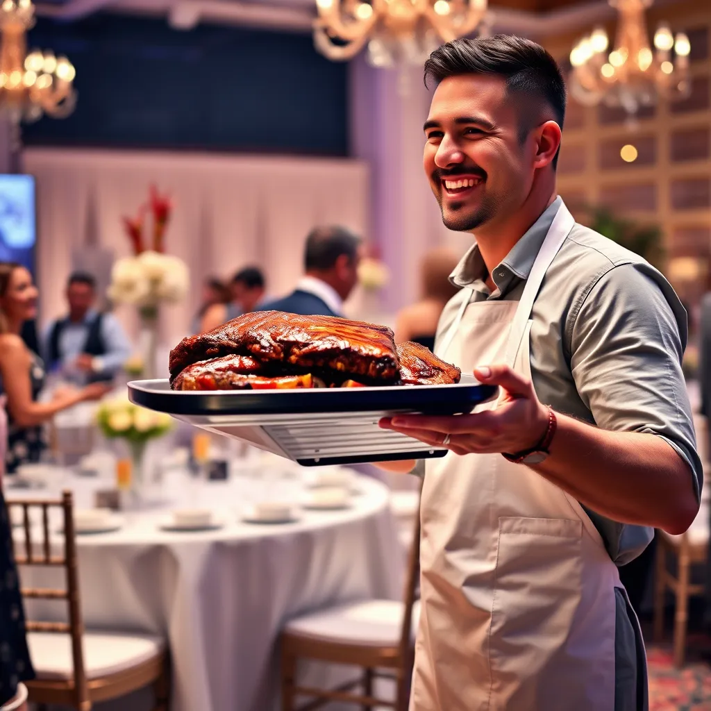 A professional caterer, dressed in a white apron and holding a serving tray of BBQ ribs, is smiling and interacting with a group of guests at an event. The background should show a beautifully decorated event space with tables, chairs, and decorations. The image should convey a sense of professionalism, efficiency, and friendly service.