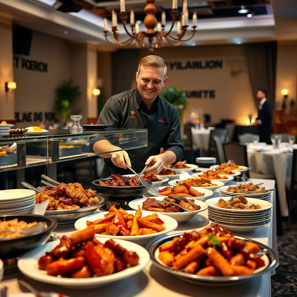 A professional caterer setting up a buffet table with elegant platters, bowls, and napkins. The table is filled with delicious barbecue dishes, and the caterer is meticulously arranging the food with a smile. The background features a well-lit event space decorated with rustic touches, highlighting the high-quality catering service.
