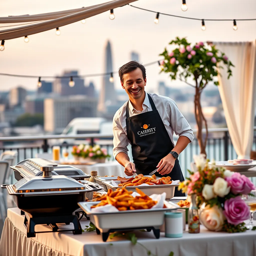 A smiling caterer dressed in a branded apron, expertly setting up a buffet table with BBQ food at a beautiful outdoor event space. The table is adorned with elegant linens and fresh flowers, creating a stylish and inviting setting. In the background, a stunning cityscape backdrop of Washington, D.C. is visible.