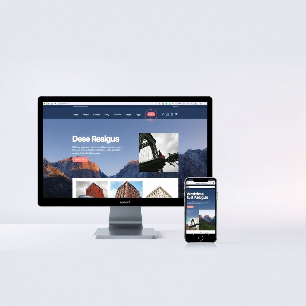 A split-screen photorealistic image showing the same website displayed perfectly on a large desktop monitor and a small smartphone. The website should adapt seamlessly to both screen sizes, maintaining readability and functionality. The image should highlight the responsive design elements, showcasing its adaptability and user-friendliness.