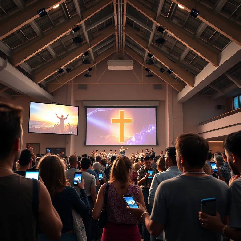 A vibrant, modern church interior with a large projector screen displaying a Christian message and a diverse congregation of people interacting with smartphones and tablets, all with expressions of joy and engagement.