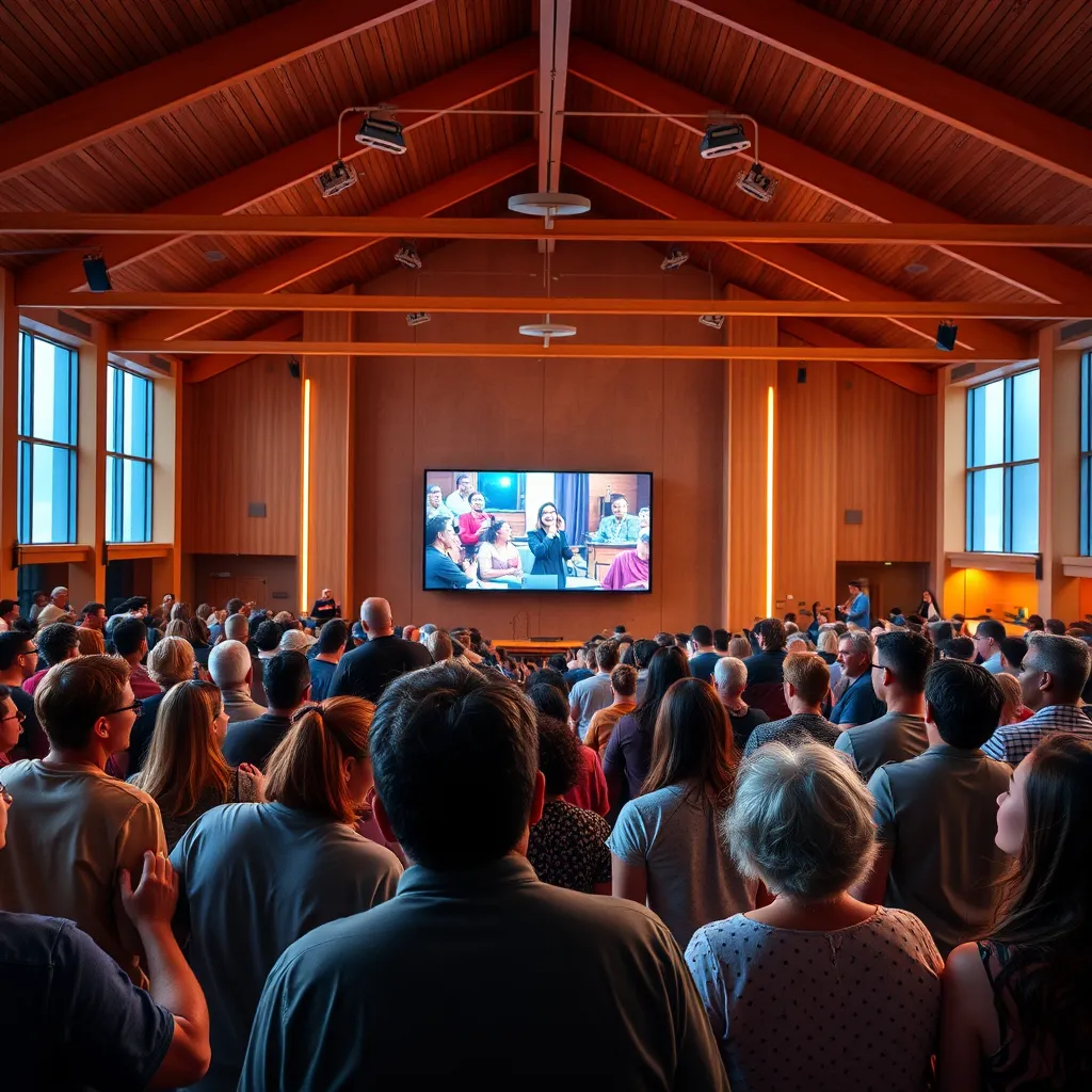 A vibrant, modern church sanctuary filled with people of all ages, interacting with a live stream projection on a large screen. The scene depicts a sense of joy, community, and active participation. The camera angle should highlight the screen and the engaged audience, with subtle lighting that evokes a feeling of warmth and fellowship.