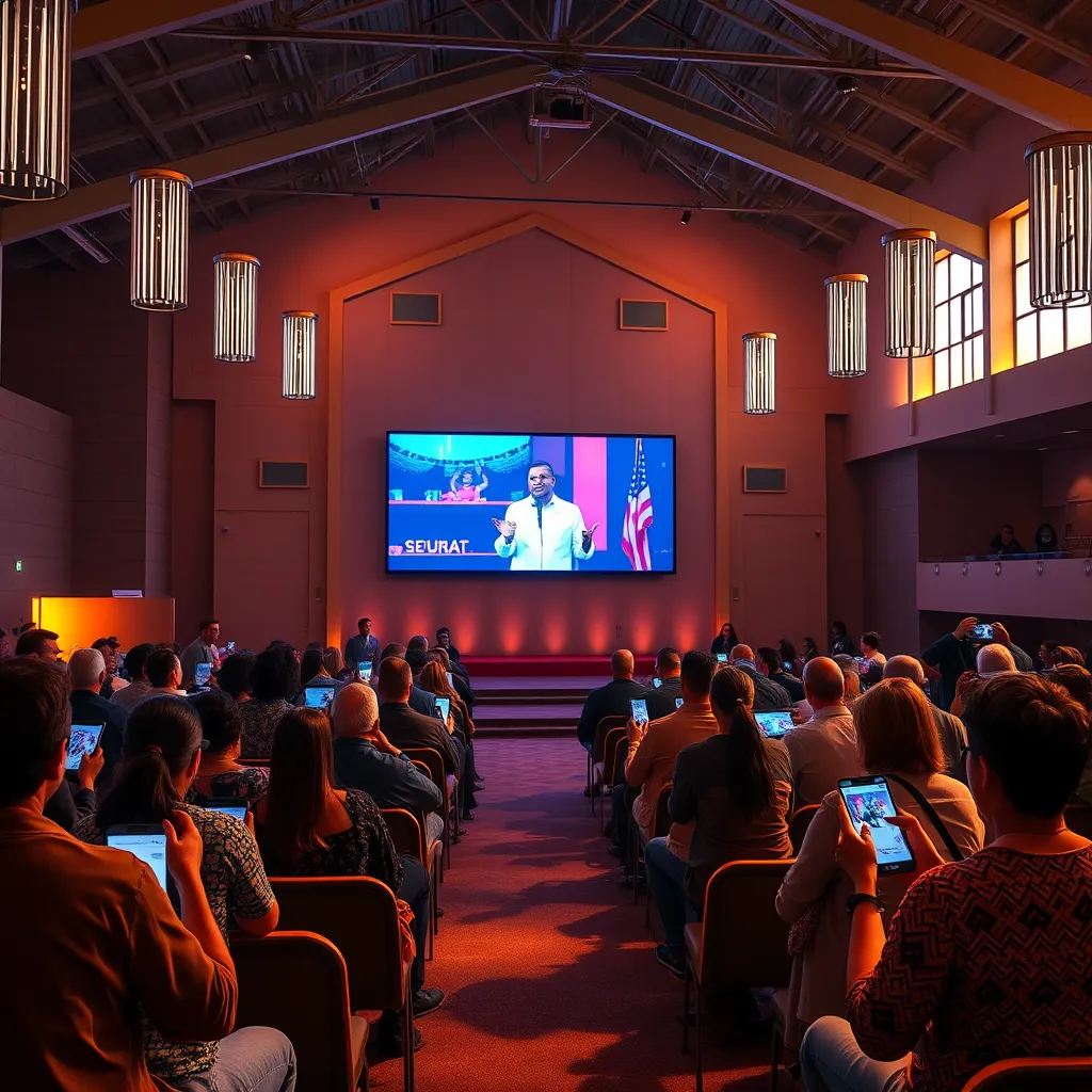 A vibrant, modern church setting with a large screen displaying a live stream of a sermon. People are interacting with each other through their devices, participating in online discussions and sharing their faith journeys, all illuminated by a warm, inviting light.