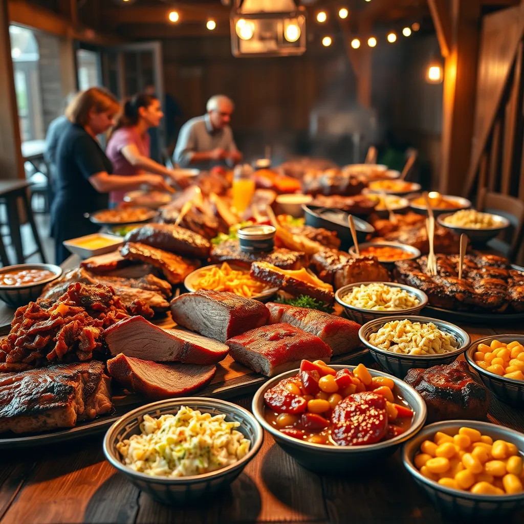 A vibrant, mouthwatering image of a BBQ buffet table laden with smoked meats like pulled pork, brisket, and ribs.  The table is covered in a rustic woodgrain tablecloth, and there are various side dishes like baked beans, coleslaw, and mac and cheese.  The lighting is warm and inviting, with soft, diffused light highlighting the glistening meats and colorful sides.  The composition should focus on the spread of food, with a few people in the background enjoying the buffet. The scene should evoke a sense of celebration and community, and the overall style should be rustic and inviting, like a classic backyard BBQ. The image should be hyperrealistic with 8K resolution, showcasing the textures of the food and the details of the surroundings.  The color palette should be warm and inviting, with earthy tones of brown, orange, and red, interspersed with bright pops of color from the side dishes. The camera angle should be slightly elevated, looking down on the buffet table, and the background should be a warm, inviting space reminiscent of a rustic barn or outdoor patio.  The image should be captured in the style of a classic food photography, emphasizing the beauty and detail of the food.