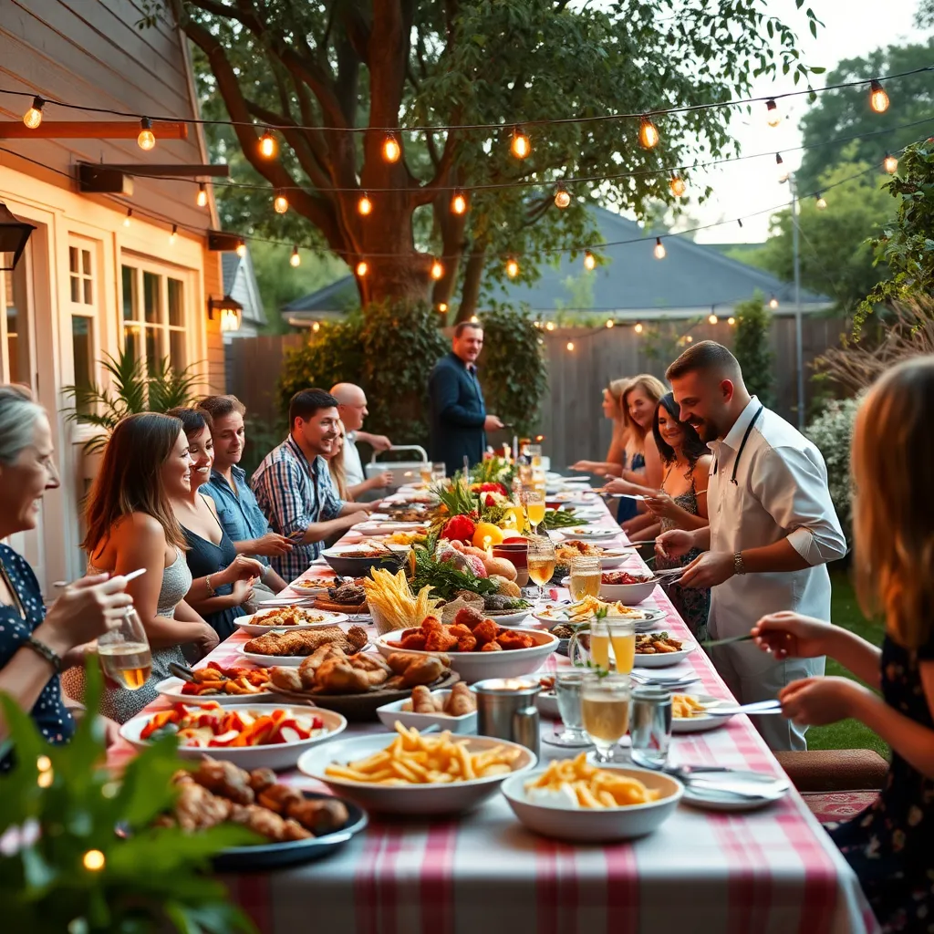 A vibrant scene of a backyard party with a long table laden with barbecue food, guests laughing and enjoying themselves, and a catering staff member serving food in a relaxed and friendly atmosphere. The backyard is beautifully decorated with string lights and greenery, creating a warm and inviting ambiance.