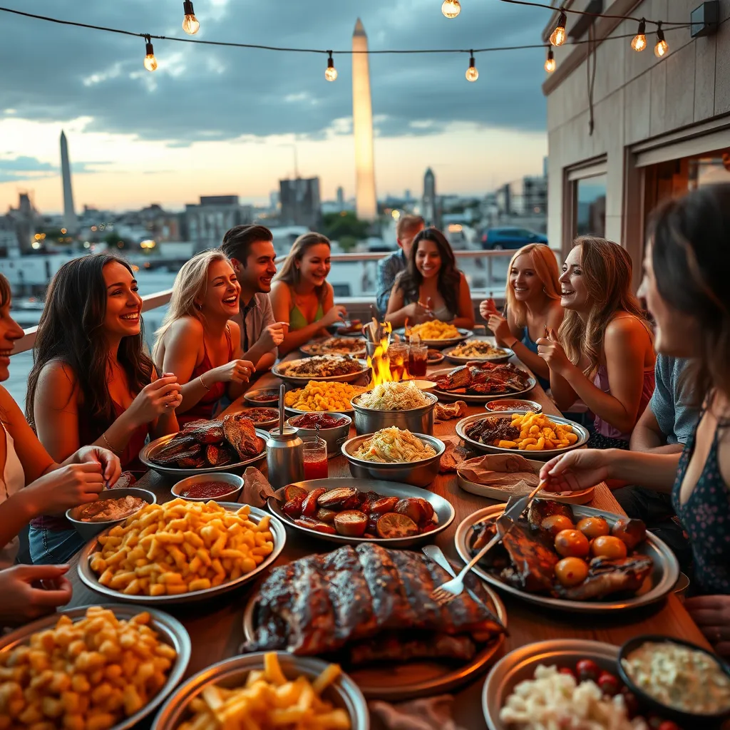 A vibrant scene of a DC rooftop party, with a group of friends gathered around a table laden with BBQ food. There are platters of ribs, pulled pork, brisket, mac & cheese, and coleslaw. People are enjoying the food, laughing, and talking, creating a festive atmosphere.