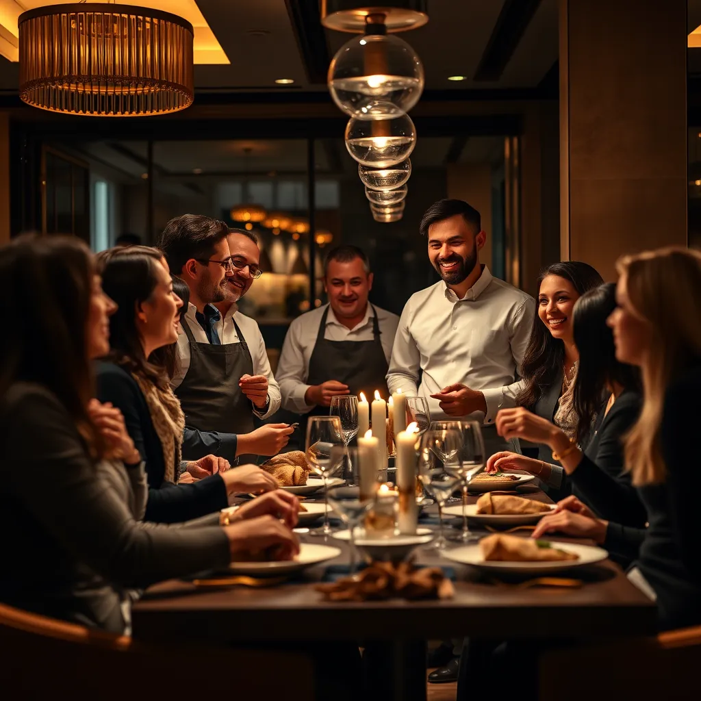 A visually captivating image that evokes a sense of personalized service and customization. The image should showcase a team of caterers interacting with a group of happy clients in a sophisticated dining setting. The space could be a modern restaurant or a stylish private event room.  The lighting should be soft and inviting, highlighting the warmth and intimacy of the moment.  The composition should capture the client-caterer interaction, with the focus on the conversation and exchange of ideas.  The caterers should be dressed professionally and the clients should be looking relaxed and engaged. The image should capture the textures of the surrounding furniture, the elegant tableware, and the warmth of the lighting.  The color palette should be rich and sophisticated, with a focus on earthy tones and metallic accents. The style should be refined and professional, reflecting the quality and attention to detail of the catering service. The image should be in ultra-high resolution, showcasing the detail of the scene and the emotions of the people in the image.