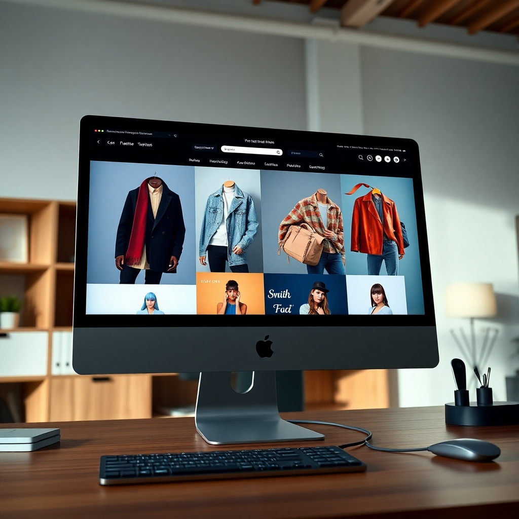 Photorealistic image, 8K resolution, hyperrealistic detail.  A modern, sleek e-commerce website displayed on a high-end iMac Pro. Soft, diffused lighting illuminates the screen, highlighting product images of stylish clothing and accessories.  The color palette is clean and sophisticated, using muted blues and greys with pops of vibrant color from the products. The camera angle is slightly elevated, looking down at the iMac from a 30-degree angle. Textures include the smooth glass of the iMac, the brushed aluminum of its casing, and the soft textures of the clothing.  The background is a minimalist, modern office with natural wood elements.  Props include a stylish wireless keyboard and mouse. The overall mood is professional, modern, and inviting.  Style reference: Annie Leibovitz.  Environmental elements include a well-organized, clean workspace suggesting efficiency and professionalism. The image should convey a sense of sophistication and high-quality craftsmanship. The composition emphasizes the website interface, showcasing its user-friendliness and aesthetic appeal.