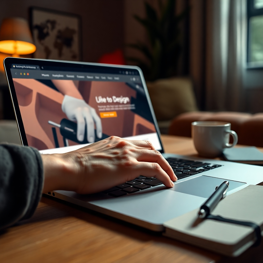 Photorealistic image, ultra-high definition, cinematic lighting.  Close-up shot of a hand interacting with a beautifully designed website on a sleek laptop.  The lighting is dramatic, with a key light highlighting the website interface and the hand, and a fill light subtly illuminating the laptop and surrounding area.  The color palette is warm and inviting, with rich earth tones and contrasting accent colors.  The camera angle is slightly low, emphasizing the website's design and user interaction. Textures include the smooth surface of the laptop, the soft touch of the fingers on the trackpad, and the crisp, clean lines of the website interface.  Environmental elements include a comfortable and modern workspace, suggesting creativity and innovation. Props include a coffee cup, a notebook, and a stylish pen. Style reference: Gregory Crewdson. The mood is calm, creative, and inspiring. The image should be rich in texture and detail, with a cinematic feel. Composition emphasizes user experience and website aesthetics.