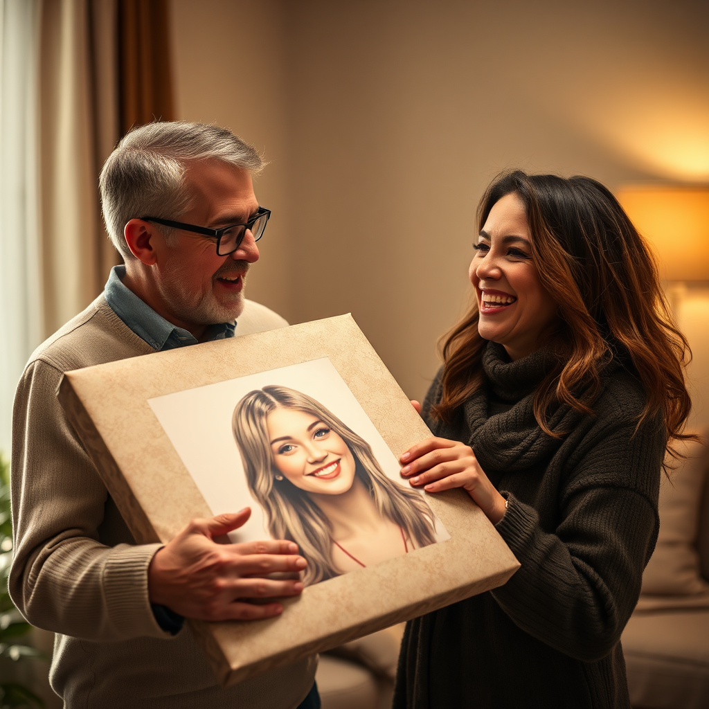 A beautifully wrapped custom portrait being presented as a gift. The recipient's reaction is joyful and appreciative. Soft, warm lighting creates a heartwarming atmosphere. Style: Emotional and genuine. Technical specs: 4K resolution, high detail focusing on expressions and emotions.