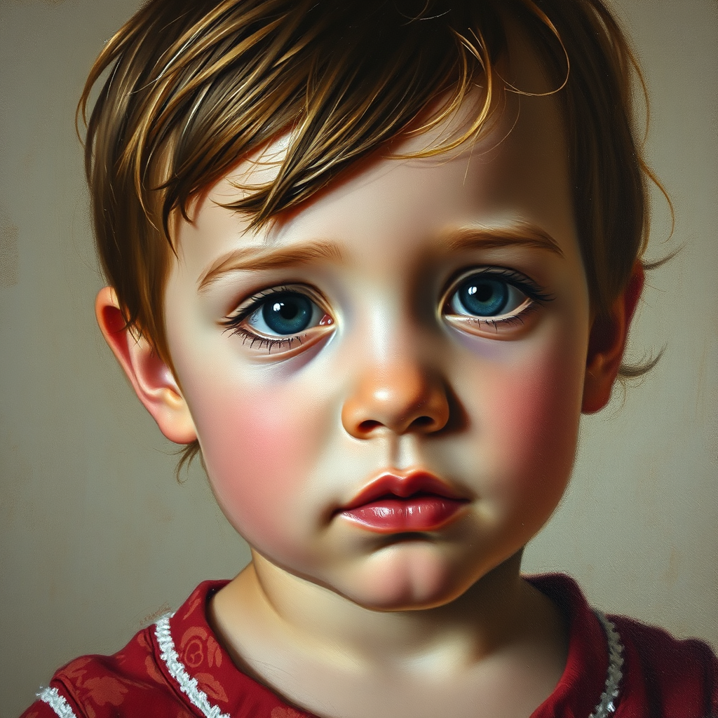 A close-up shot of a finished oil portrait of a child, with visible brushstrokes and rich colors. The background is a soft, blurred texture, emphasizing the portrait's details. Lighting is soft and warm, highlighting the child's features. Style: Classic portraiture, reminiscent of old masters. Technical specs: 4K resolution, high detail.