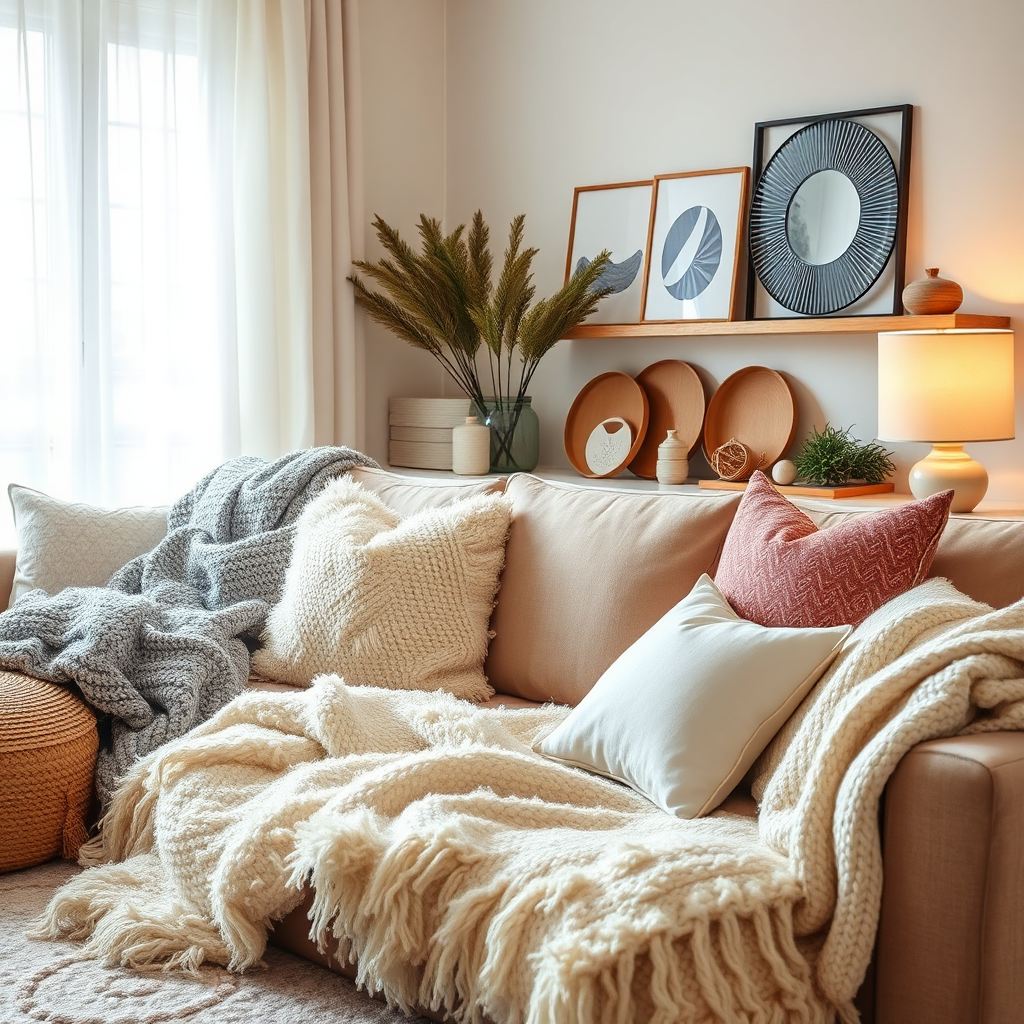 A cozy and inviting living room scene featuring a carefully curated selection of household essentials. Include soft blankets, stylish pillows, and unique decor items. The lighting should be warm and inviting, creating a sense of relaxation and comfort. Focus on capturing the textures and details of the various items, from the plushness of the blankets to the smooth surfaces of the decor. The color palette should be calming and harmonious. Aim for a 4k resolution, photorealistic image.