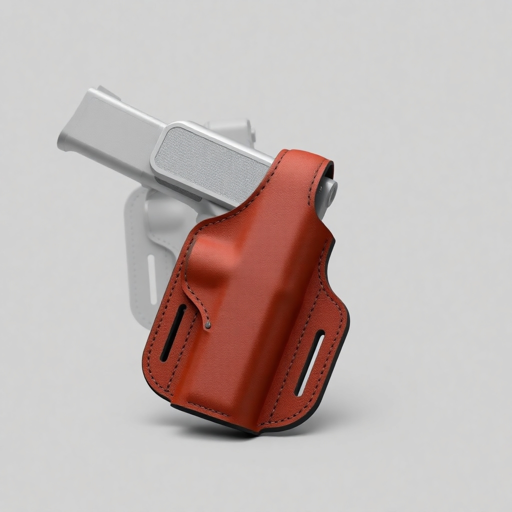 A detailed, photorealistic image of a CAD rendering transforming into a physical leather holster. The rendering is subtly visible in the background, transitioning seamlessly to the finished product in the foreground. Focus on the intricate design and the precision of the craft. Style: Modern and technical, highlighting the design process.