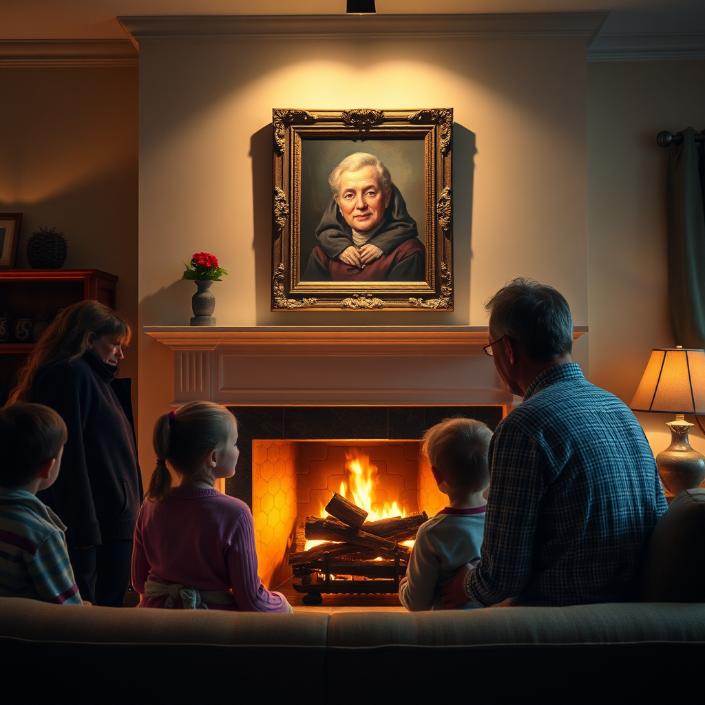A family gathered around a fireplace, admiring a newly commissioned oil portrait hanging above the mantel. Warm, inviting lighting. The portrait is the focal point, showcasing its timeless quality. Style: Cozy, familial scene. Technical specs: 4K resolution, high detail with focus on emotional atmosphere.