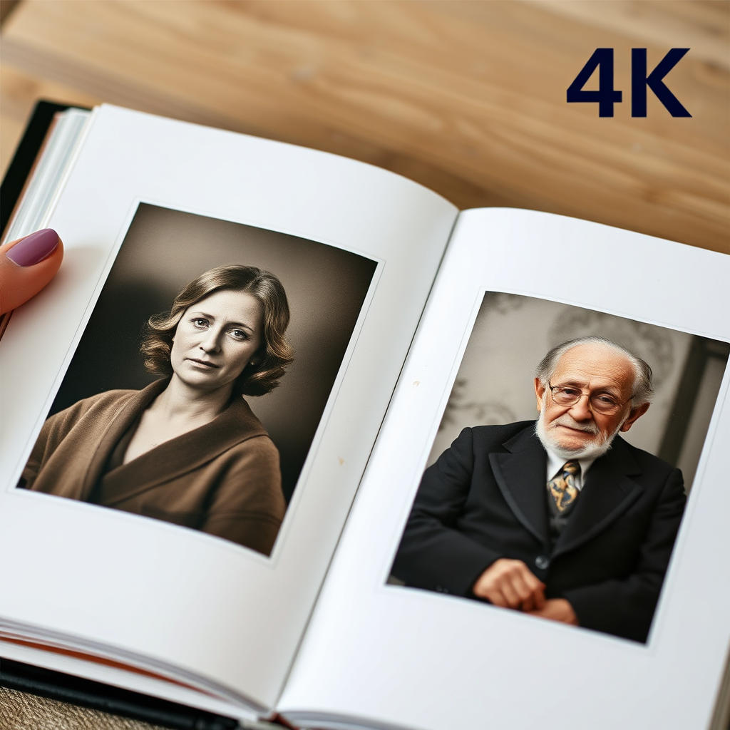 A family photo album open to a page featuring a portrait alongside an older photograph of the same individual. The image represents the passage of time and the enduring power of art. Style: Nostalgic and sentimental. Technical specs: 4K resolution, high detail emphasizing the connection between past and present.