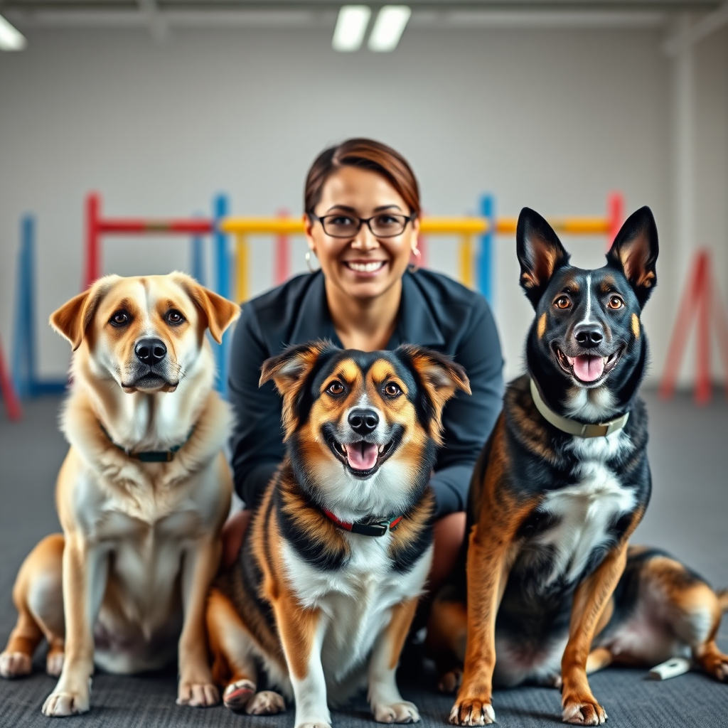 A photorealistic image of a diverse group of dogs – a playful labrador, a dignified German shepherd, and a charming terrier – sitting attentively in a training class. The dogs are looking directly at the viewer, exuding intelligence and eagerness to learn. A kind, experienced dog trainer is kneeling in the center, smiling warmly. The background is a bright, clean training facility with colorful agility equipment slightly blurred. Lighting is bright and inviting, creating a positive and encouraging atmosphere. Emphasis on detailed textures of fur, expressions, and training equipment. Style reference: Professional, approachable, and educational. Technical specs: 4K resolution, high quality, sharp focus, and vibrant colors.