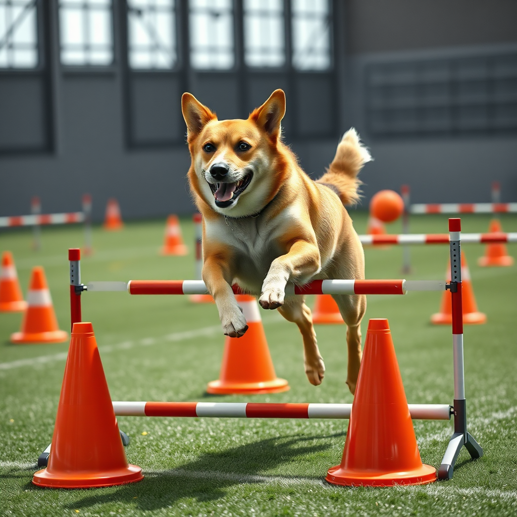 A photorealistic image of a dog confidently navigating an agility course, jumping over hurdles and weaving through cones. The dog is focused and determined, showcasing its newfound skills. The scene conveys accomplishment and pride. The lighting is bright and energetic. Style reference: athletic, confident, and empowering. Technical specs: 4K resolution, sharp focus, and vibrant colors.