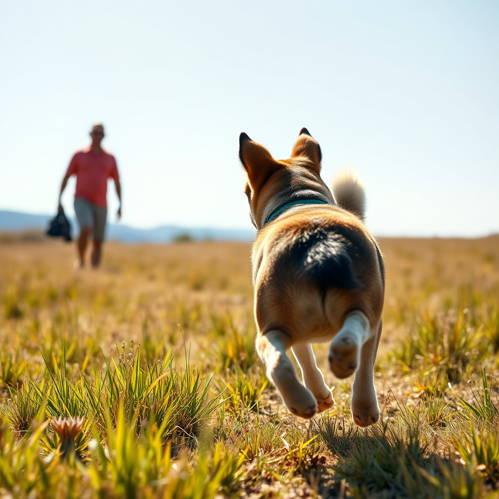 A photorealistic image of a dog running freely through a field, with its owner visible in the distance. The dog is looking back at the owner, demonstrating a strong recall. The scene should convey a sense of freedom and joy. The lighting is bright and sunny. Style reference: adventurous, joyful, and natural. Technical specs: 4K resolution, sharp focus, and vibrant colors.