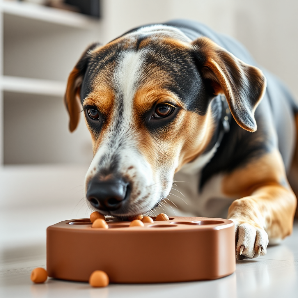 A photorealistic image of a dog focused on solving a puzzle toy, with treats visible inside. The dog is actively engaged and showing signs of concentration. The background is a clean, simple environment. The lighting is bright and focused. Style reference: educational, engaging, and intelligent. Technical specs: 4K resolution, sharp focus, and bright colors.