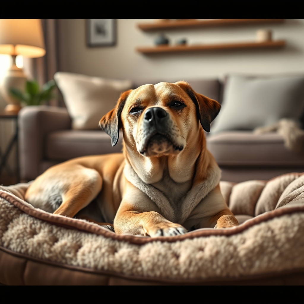 A photorealistic image of a dog calmly relaxing on a comfortable dog bed in a cozy living room. The dog has a peaceful expression, conveying relaxation and security. The background is softly blurred, suggesting a safe and comforting environment. Lighting is warm and subdued. Style reference: cozy, comforting, and peaceful. Technical specs: 4K resolution, soft focus, and warm colors.