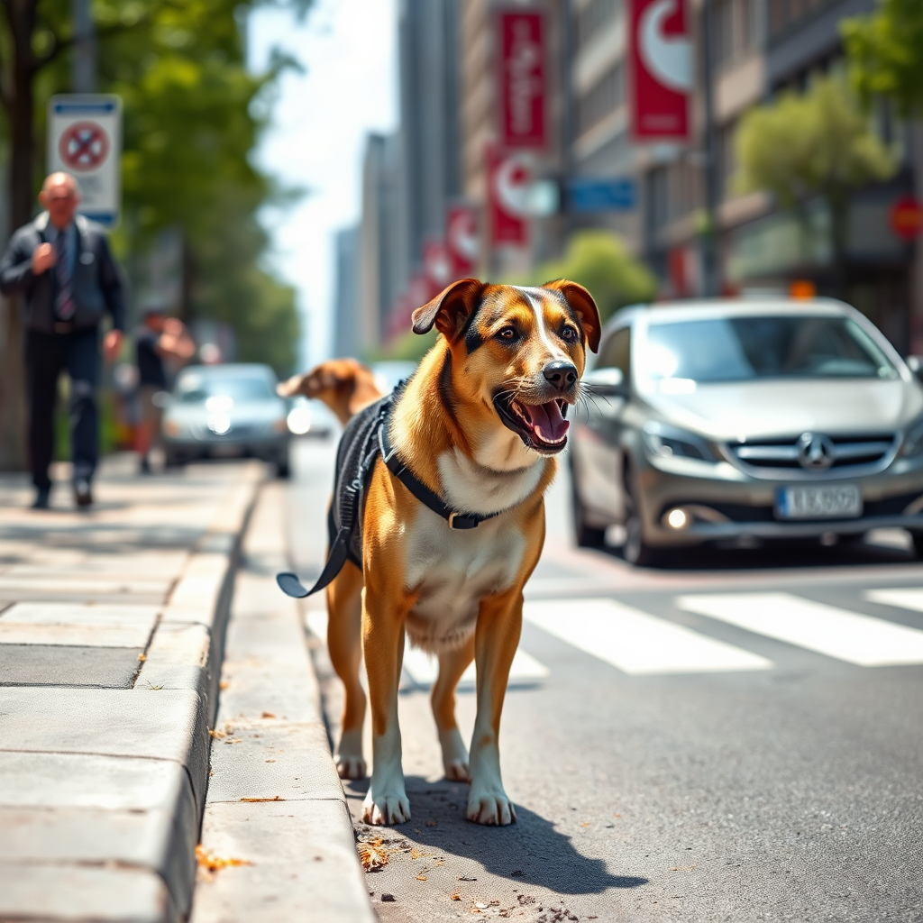 A photorealistic image of a dog stopping at the edge of a curb upon command, with a busy street in the background. The dog is attentive and responsive, demonstrating its understanding of the command. The scene conveys safety and control. The lighting is clear and bright. Style reference: safety-focused, responsible, and informative. Technical specs: 4K resolution, sharp focus, and clear colors.
