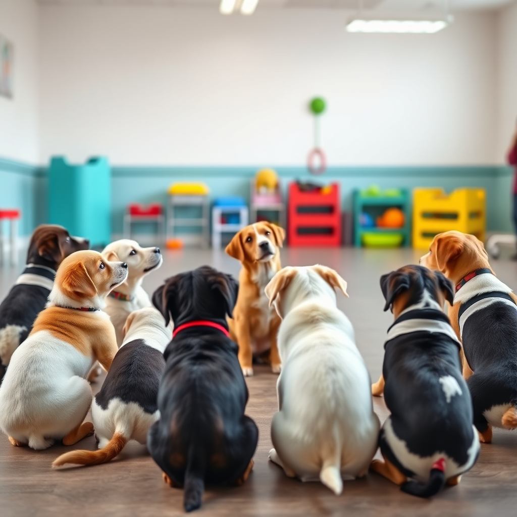 A photorealistic image of a group of puppies of various breeds sitting attentively in a circle during a puppy training class. They are looking towards the trainer with focus and interest. The setting is a bright, clean training room with colorful toys and equipment. The lighting is soft and inviting, creating a welcoming and playful atmosphere. Style reference: Playful, educational, and heartwarming. Technical specs: 4K resolution, high quality, sharp focus, and vibrant colors.