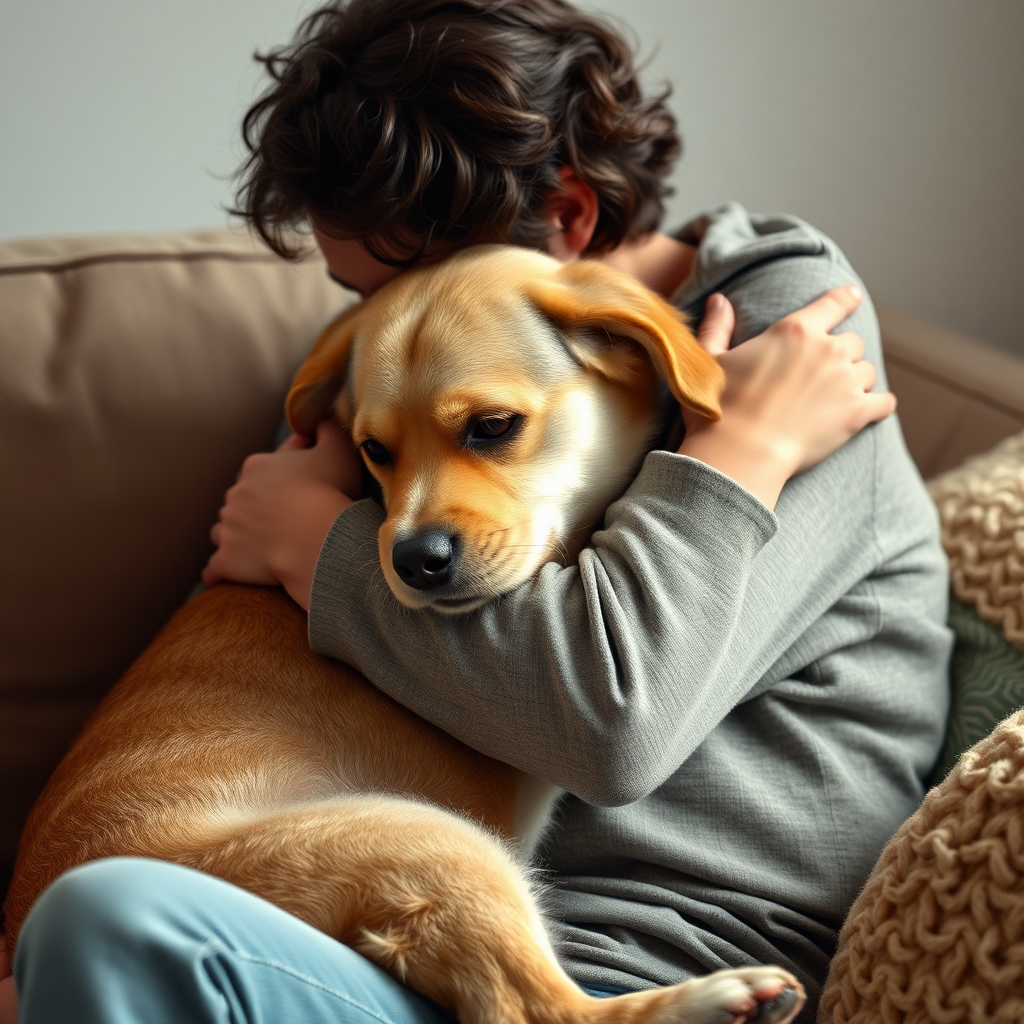  A photorealistic image of a person hugging their dog tightly while sitting on a couch. The dog is returning the affection, nuzzling into the person's embrace. The scene should be intimate and heartwarming, with soft, diffused lighting. The focus should be on the connection and love between the two subjects. Style reference: heartwarming, cozy, and personal. Technical specs: 4K resolution, soft focus, and warm colors.
