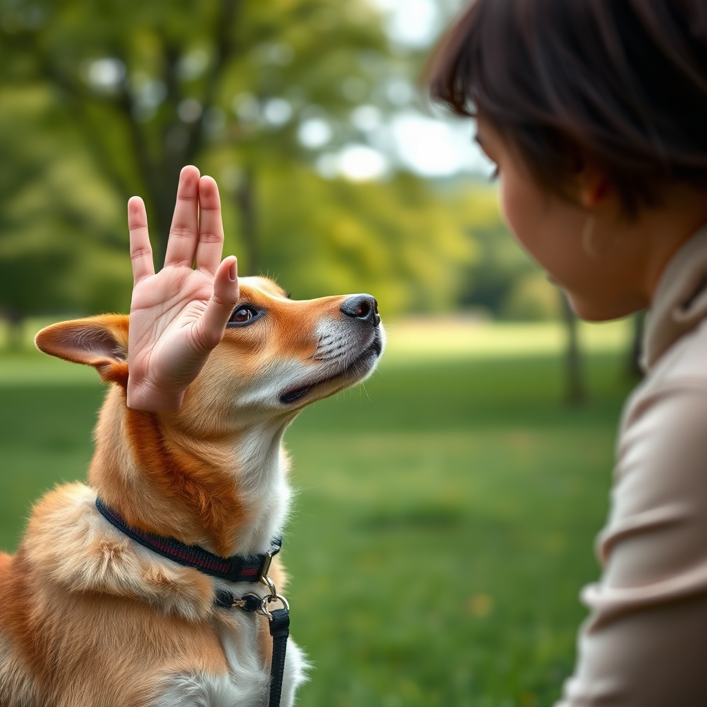  A photorealistic image of a person using hand signals to communicate with their dog in a park. The dog is looking at the person attentively, understanding the gesture. The background shows a blurred, natural environment with trees and grass. Focus should be on the clarity of the hand signal and the dog's focused expression. The lighting is soft and natural. Style reference: educational, informative, and heartwarming. Technical specs: 4K resolution, clear focus, and warm colors.