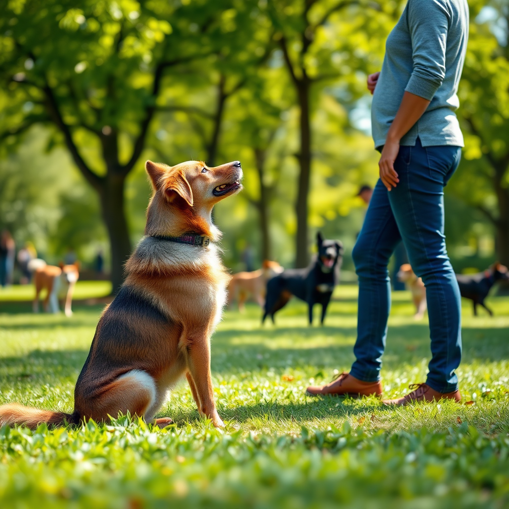 A photorealistic image of a well-trained dog performing a 'stay' command perfectly in a park. The dog is sitting still and focused, while the owner is standing a few feet away, giving the command. The background is a lush green park with trees and other dogs in the distance. The lighting is bright and sunny, creating a positive and encouraging atmosphere. Style reference: Professional, disciplined, and effective. Technical specs: 4K resolution, high quality, sharp focus, and vibrant colors.
