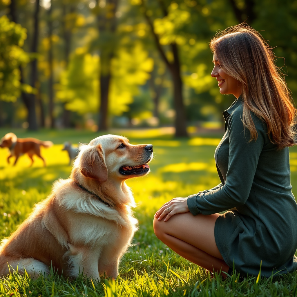 A photorealistic, ultra-high-quality image showcasing the bond between a dog and its owner. The scene is set in a sun-drenched park with lush greenery. A golden retriever is attentively gazing at its owner, a smiling woman in her late 20s, during a training session. The dog is sitting perfectly still, demonstrating obedience. The lighting is soft and golden hour, highlighting the warmth and connection. Focus on detailed textures like the dog's fur, the woman's hair, and the blades of grass. In the background, other dogs can be seen playing, subtly suggesting a community of well-trained pets. Use a shallow depth of field to keep the focus on the main subjects. Style reference: Natural, heartwarming, and professional. Technical specs: 8K resolution, hyperrealistic, sharp focus, and vibrant colors.