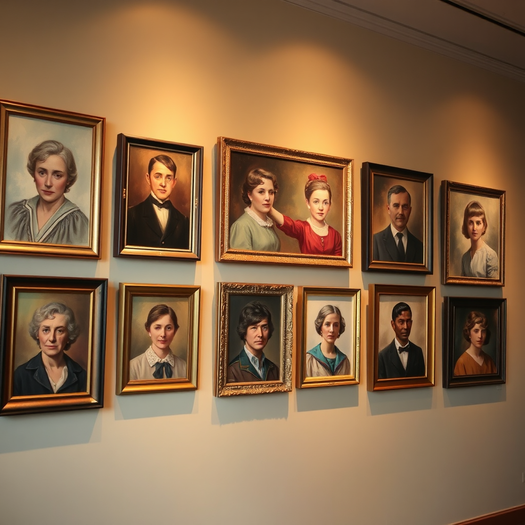 A series of framed portraits displayed on a wall, each depicting a different family member. The portraits range from oil to watercolor, showcasing different styles and subjects. Warm, inviting lighting. Style: Elegant and timeless. Technical specs: 4K resolution, high detail emphasizing the collection as a whole.