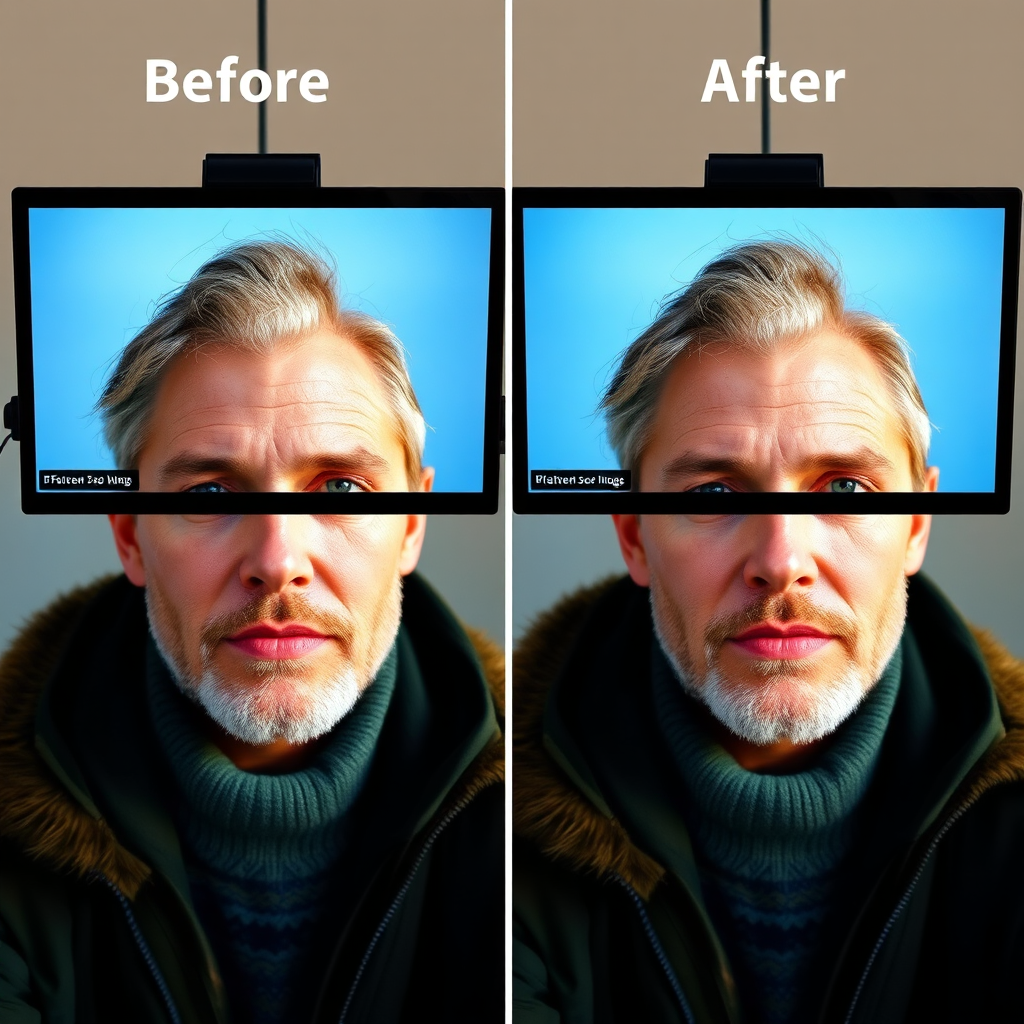 A split screen showing a before-and-after of a photo being enhanced for a portrait. The 'after' side is brighter, sharper and more vibrant. Technical specs: 4K, high detail showcasing clarity.