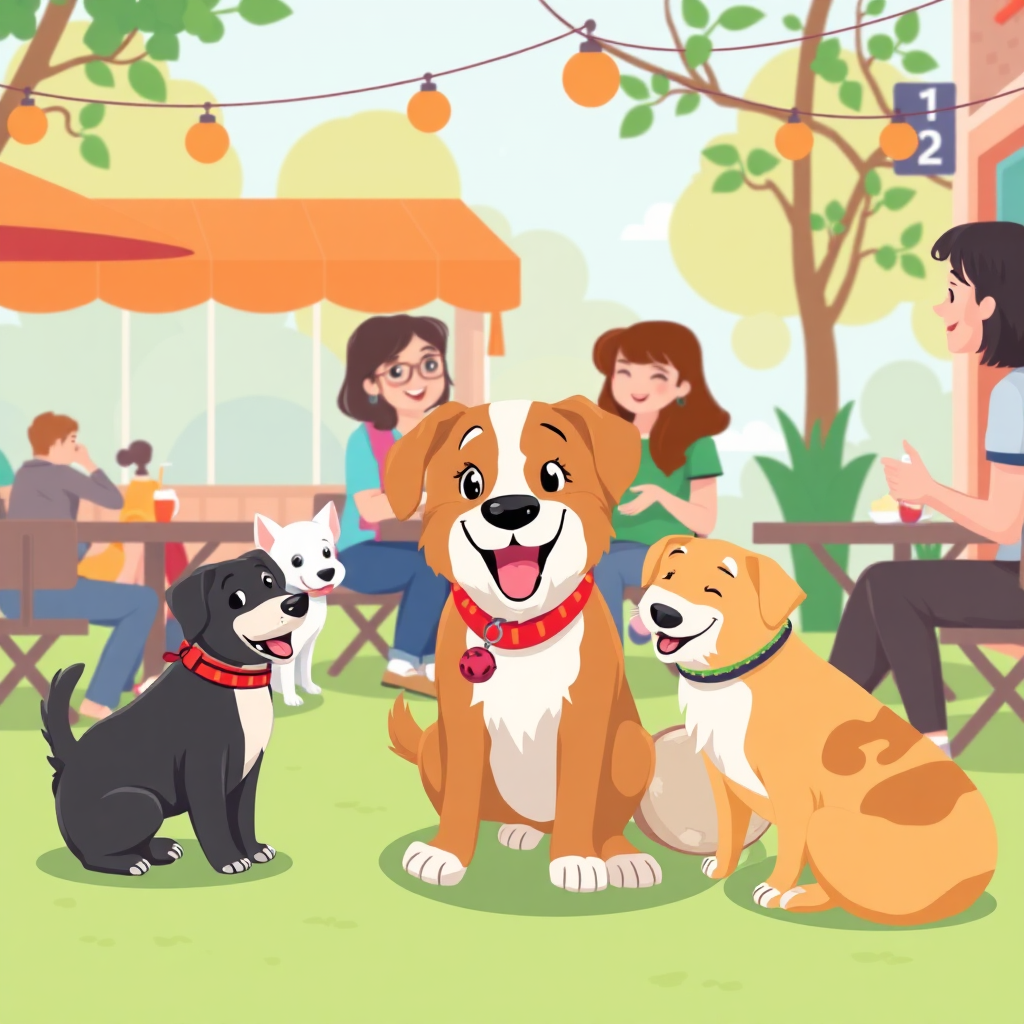  A stylized image of a dog interacting positively with other dogs and people in a social setting, like a dog park or a sidewalk cafe. The scene should convey a sense of harmony and comfort, with all parties appearing relaxed and happy. The image should be brightly colored and inviting. Style reference: cartoon, simple, and cheerful. Technical specs: 4K resolution, flat vector art, and vibrant colors.