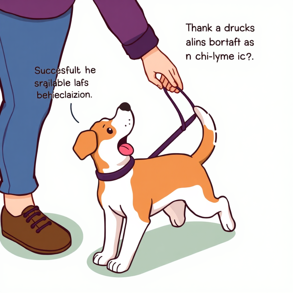 A stylized image of a dog overcoming a behavioral challenge, such as excessive barking or leash pulling. The image shows the dog successfully performing the desired behavior, with positive reinforcement from its owner. The scene should convey a sense of progress and accomplishment. Style reference: cartoon, encouraging, and supportive. Technical specs: 4K resolution, flat vector art, and clean colors.