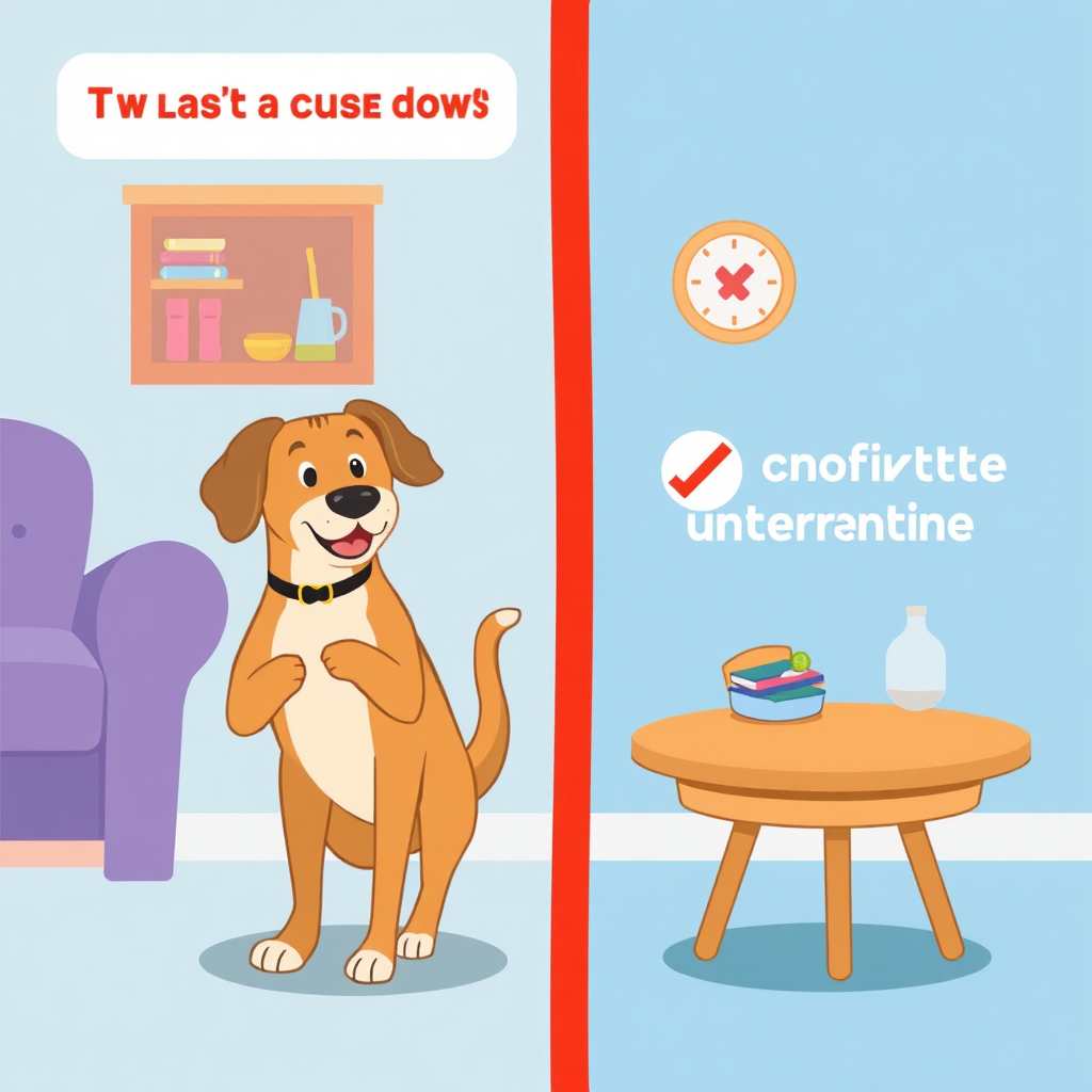 A stylized image of a dog successfully resisting the urge to chew on furniture, with a clear visual separation between acceptable and unacceptable items. The image should convey a sense of control and restraint. Style reference: cartoon, simple, and educational. Technical specs: 4K resolution, flat vector art, and clean colors.