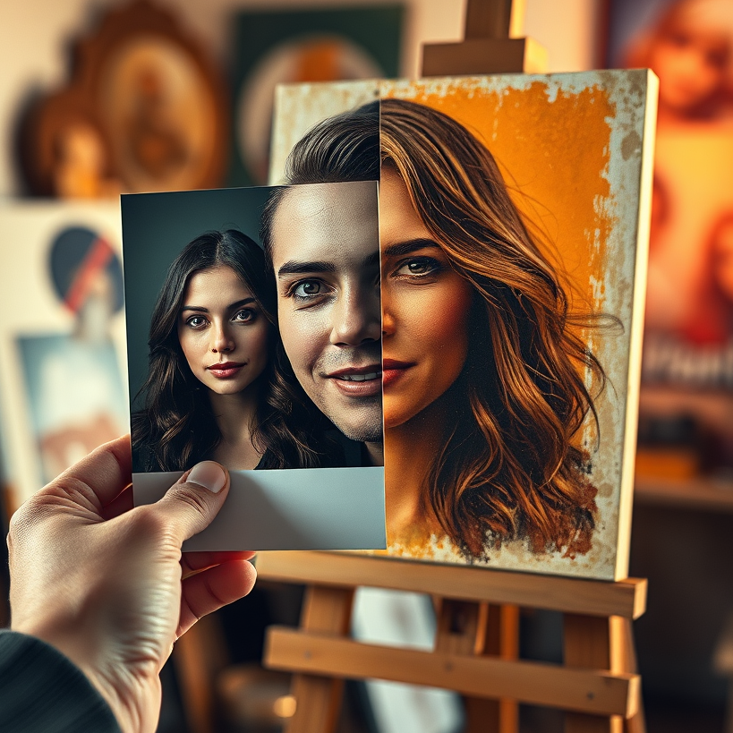 A stylized image representing the process of creating a portrait from a photo. Imagine a hand holding a photograph transitioning into a painting on an easel. The photo side is sharply focused, while the painting side is more textured and artistic. Soft, warm lighting highlights the transformation. The background is a blurred art studio. The color palette uses warm earth tones and vibrant highlights. Camera angle is a close-up, focusing on the hand and the transitioning image. Style reference: whimsical and slightly surreal. Technical specs: 4K resolution, high quality with emphasis on texture.