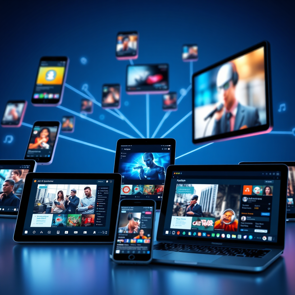 A stylized image showcasing AI targeting. Visualize a network of interconnected devices (phones, tablets, laptops) displaying customized audio and video content tailored to individual user profiles. Each device shows different content, reflecting personalized recommendations. The composition should emphasize the interconnectedness of the devices and the central role of AI in content delivery. Lighting should be bright and focused, highlighting the screens of the devices. The color palette should be vibrant and diverse, reflecting the variety of content being delivered. Camera angle: eye-level, creating a sense of immersion. Style references: modern UI/UX design visualizations.