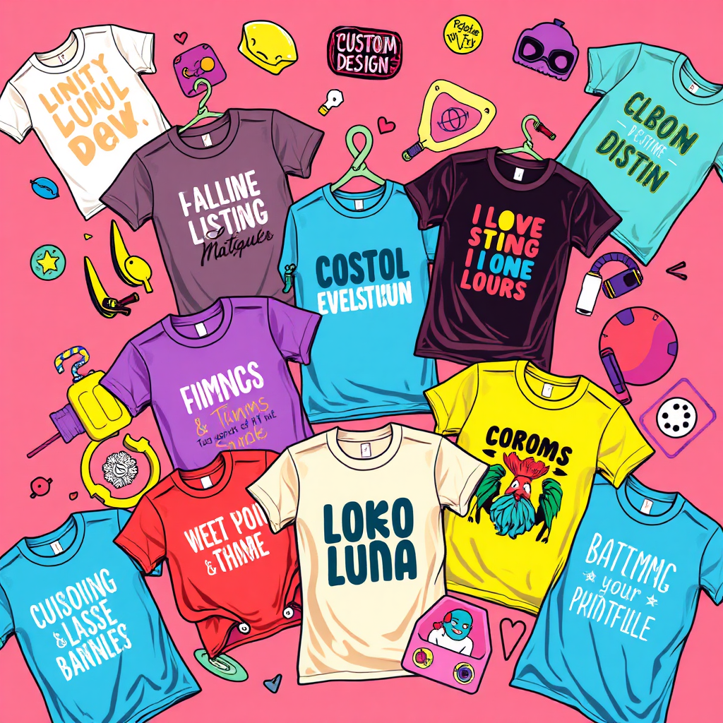A vibrant, colorful graphic design showcasing a variety of custom-designed T-shirts and accessories. Focus on illustrating the possibilities of personalization, with diverse fonts, graphics, and colors. The composition should be dynamic and eye-catching, conveying the fun and creative aspects of custom design. Imagine a digital canvas with various design elements floating around. Use a bright and playful color palette. Aim for a 4k resolution image with crisp, clean lines.