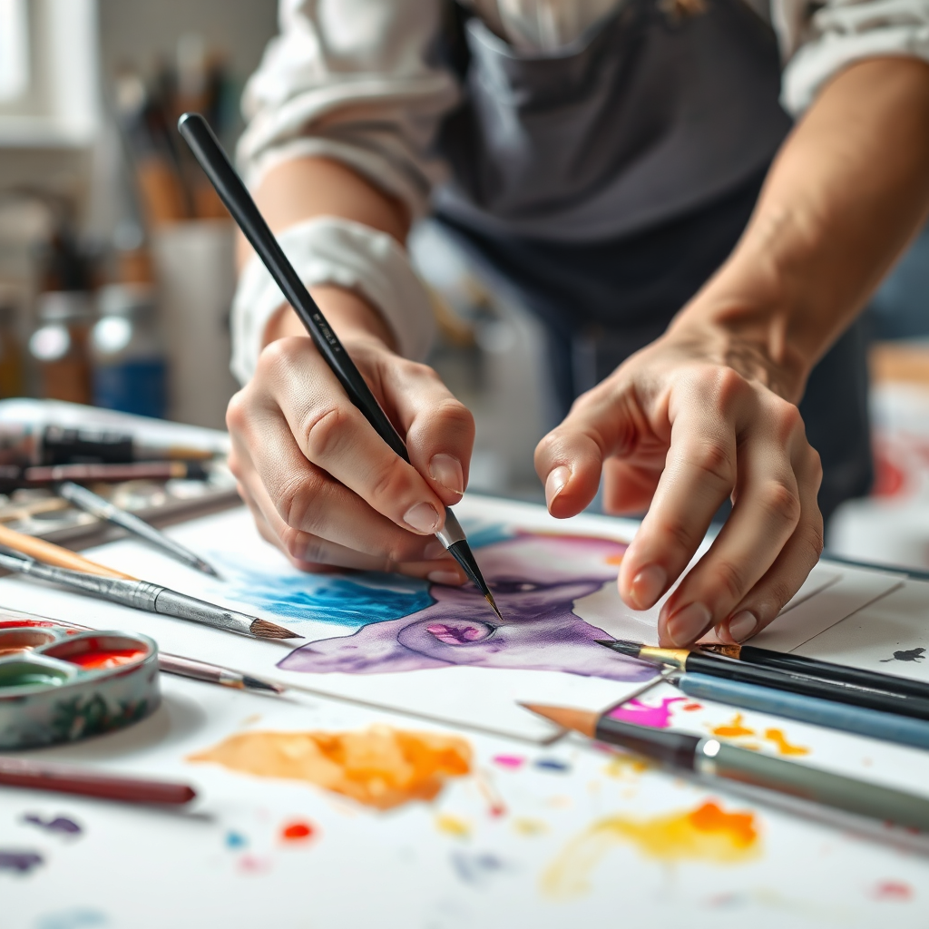 An artist's hands working on a watercolor portrait, with brushes and paints scattered around. Focus is on the delicate brushstrokes and the vibrant colors blending on the paper. The background is a well-lit art studio. Style: Impressionistic, capturing the artistic process. Technical specs: 4K resolution, high quality with emphasis on texture.