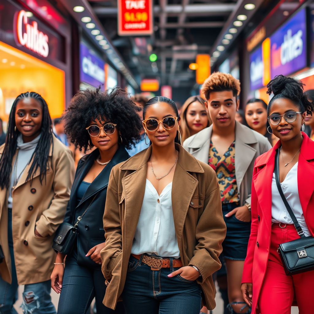 Capture a dynamic and eye-catching image of a diverse group of people wearing stylish outfits from Chas Concierge Shops. Focus on showcasing the variety of clothing styles and the confidence of the wearers. The lighting should be bright and energetic, reflecting the excitement of fashion. Consider using a street-style photography approach to capture candid moments. The background should be a vibrant and urban environment. Aim for a high-resolution image that conveys a sense of style and individuality.