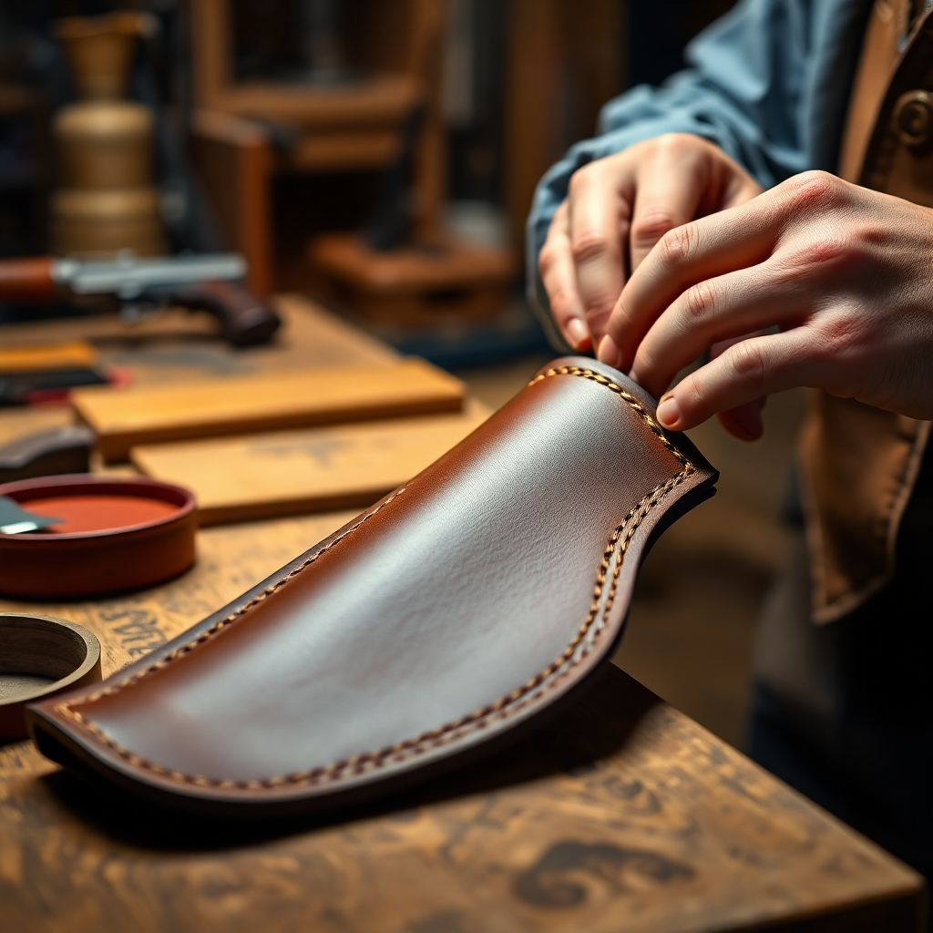 Capture a photorealistic image of a custom leather rifle sheath being meticulously hand-stitched in a workshop setting. The focus should be on the craftsman's hands and the detail of the stitching process. The lighting should be warm and inviting, highlighting the craftsmanship and attention to detail. Style reference: Traditional leatherworking photography.