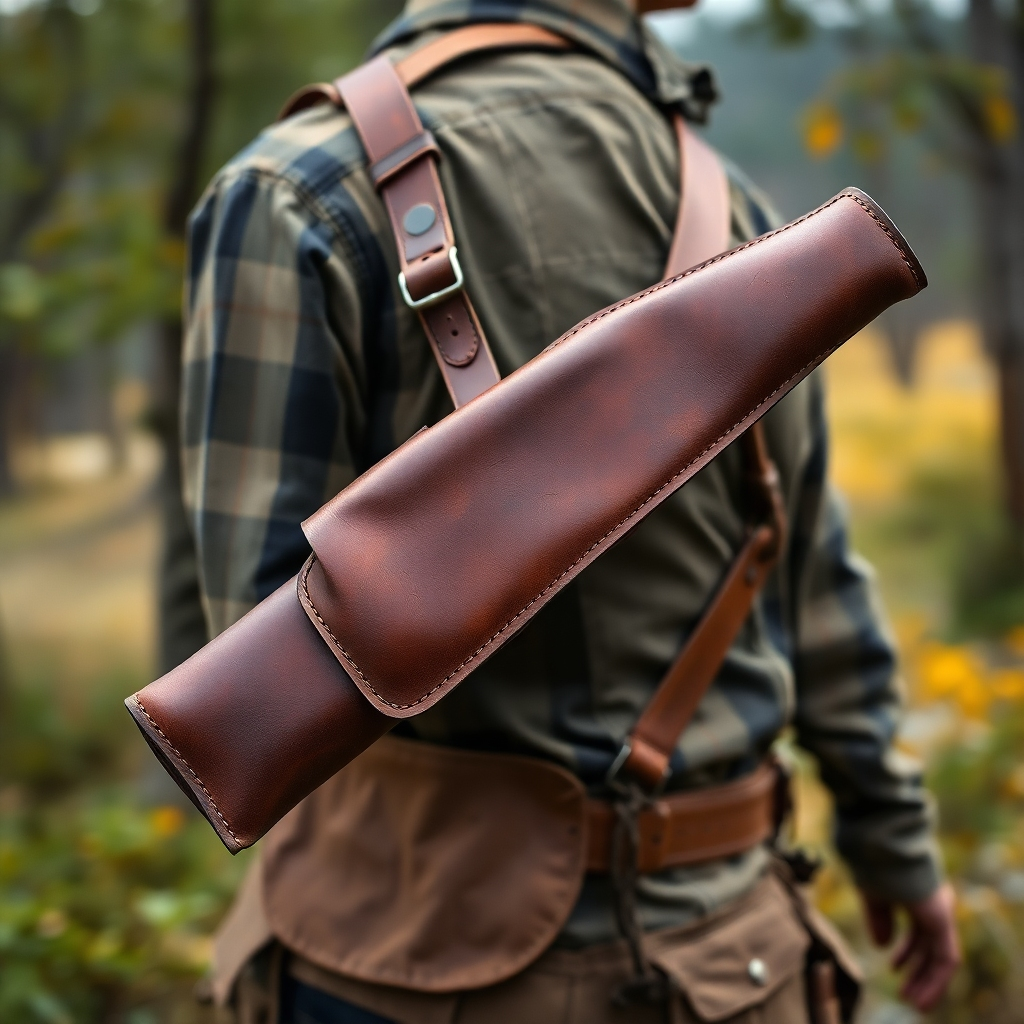 Capture a photorealistic image of a rugged leather rifle sheath in a natural outdoor setting. The sheath should be slung over the shoulder of a figure in appropriate outdoor attire. The background should feature a blurred landscape of trees and foliage. Focus on the weathered texture of the leather and the overall durability of the sheath. Style reference: Outdoor lifestyle photography, emphasizing functionality and ruggedness.