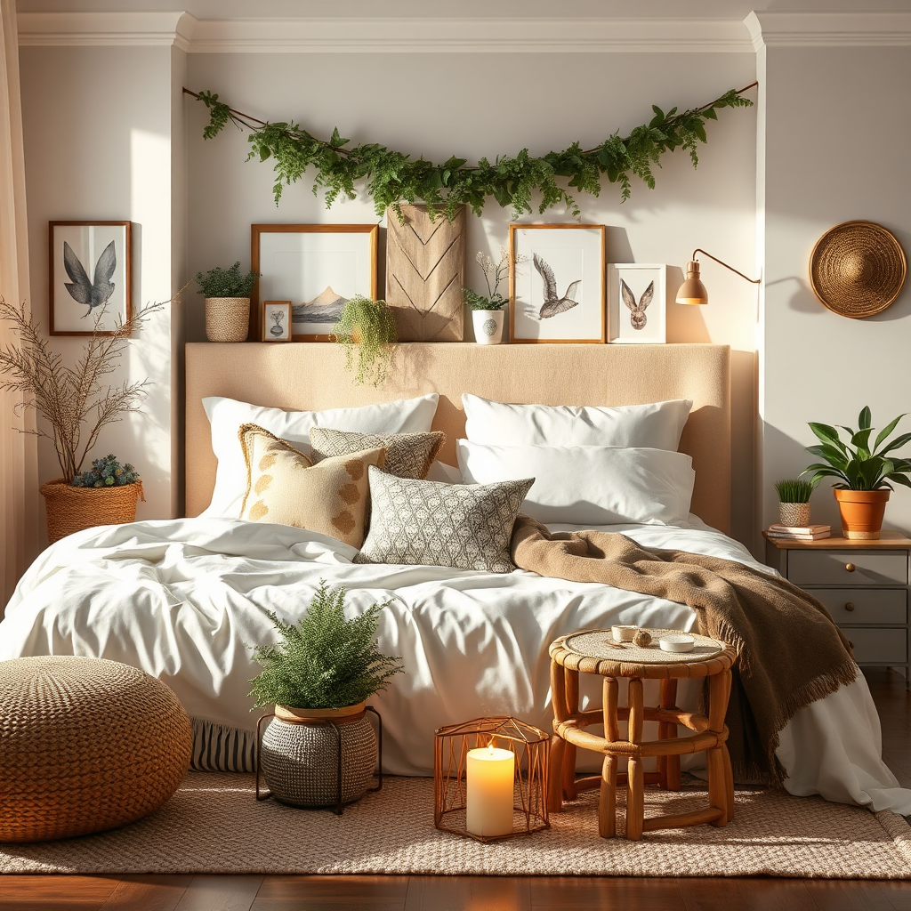 Capture a warm and inviting image of a beautifully decorated bedroom featuring a curated selection of home decor items. Focus on the arrangement of bedding, pillows, and accessories, creating a relaxing and comfortable atmosphere. The lighting should be soft and diffused, highlighting the textures and details of the various items. Consider including plants and candles to add visual interest. Aim for a high-resolution image that conveys a sense of tranquility and style.