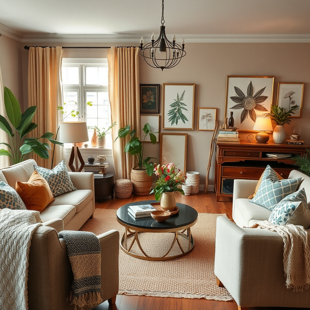 Capture a warm and inviting image of a beautifully decorated living room featuring a curated selection of home decor items. Focus on the arrangement of furniture, textiles, and accessories, creating a harmonious and comfortable atmosphere. The lighting should be soft and diffused, highlighting the textures and details of the various items. Consider including plants and artwork to add visual interest. Aim for a 4k resolution image.