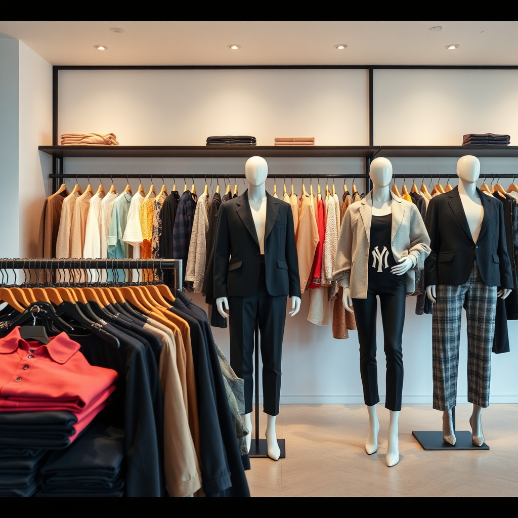 Capture an image of a curated clothing collection displayed in a modern boutique setting. Focus on the arrangement and presentation of the garments, showcasing a variety of styles and colors. The lighting should be soft and flattering, highlighting the textures and details of the fabrics. Consider including mannequins wearing stylish outfits to provide inspiration. The background should be clean and minimalist, allowing the clothing to take center stage. Aim for a high-resolution image that conveys a sense of luxury and sophistication.