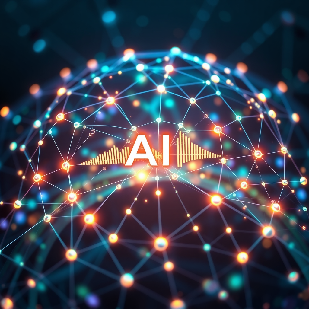 Create a 4K, high-quality image that represents the essence of AI-driven audio and video marketing. The image should feature a stylized representation of interconnected nodes forming a network, with audio waveforms and visual elements seamlessly flowing through the network. The nodes should be glowing and pulsating, symbolizing the dynamic nature of AI. The composition should be circular, representing a global reach. Lighting should be soft and diffused, with a focus on highlighting the interconnectedness of the network. The color palette should consist of vibrant blues, greens, and purples, with subtle hints of gold and silver to represent value and innovation. The camera angle should be a slightly aerial view, showcasing the entire network. Texture details should be smooth and refined, emphasizing the seamless flow of information. The environment should be abstract, suggesting a digital landscape. Style references: "Tron: Legacy" meets modern network visualization. Include subtle visual cues that represent audio and video, such as stylized waveforms and pixel patterns.